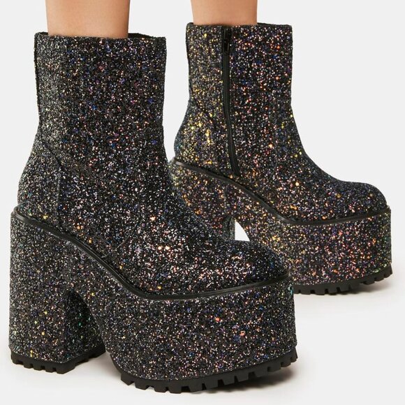 YRU Shoes - YRU Black Multi-Glitter Platform Ankle Boots
